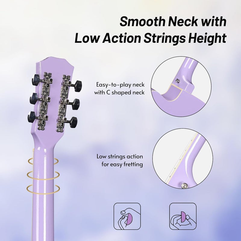 ADM 38" Inch Acoustic Guitar Bundle for Beginners Adults with Online Lesson, Cutaway Wood Acustica Guitarra Starter Set Package with Gig Bag, Strap, Steel Strings, Picks, Capos, Stand, Purple 1 - Image 4